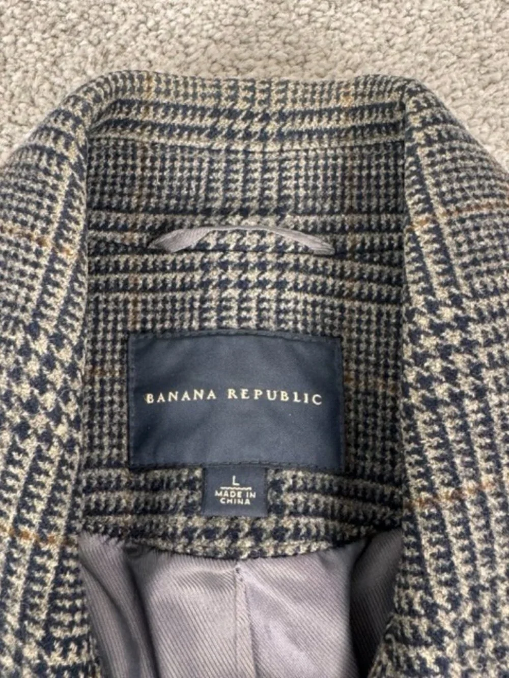 Banana Republic Men’s Wool Gray Glen Plaid Topcoat Trench Jacket Pea Coat Large